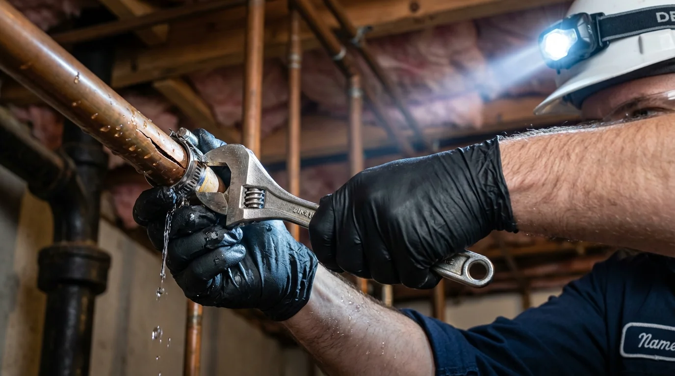 Emergency pipe clamp repair being performed by a Johns Plumbing LLC plumber in Demarest