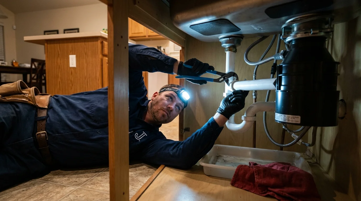 P-trap and supply line connections under a kitchen sink showing a common leak point in Demarest, NJ